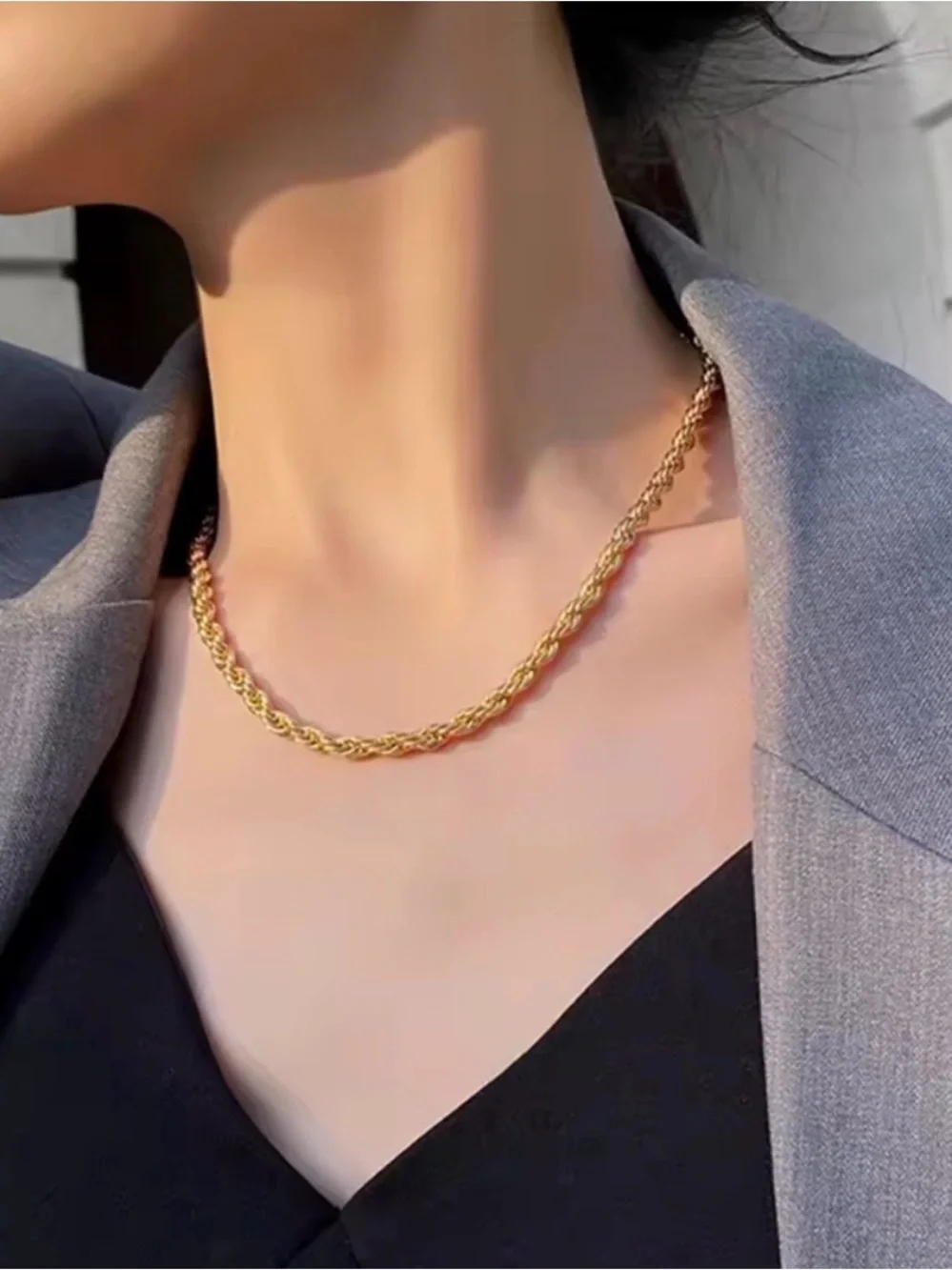 Twisted Rope Necklace Bracelet Set 18K Gold Stainless Steel - Picture 5 of 8